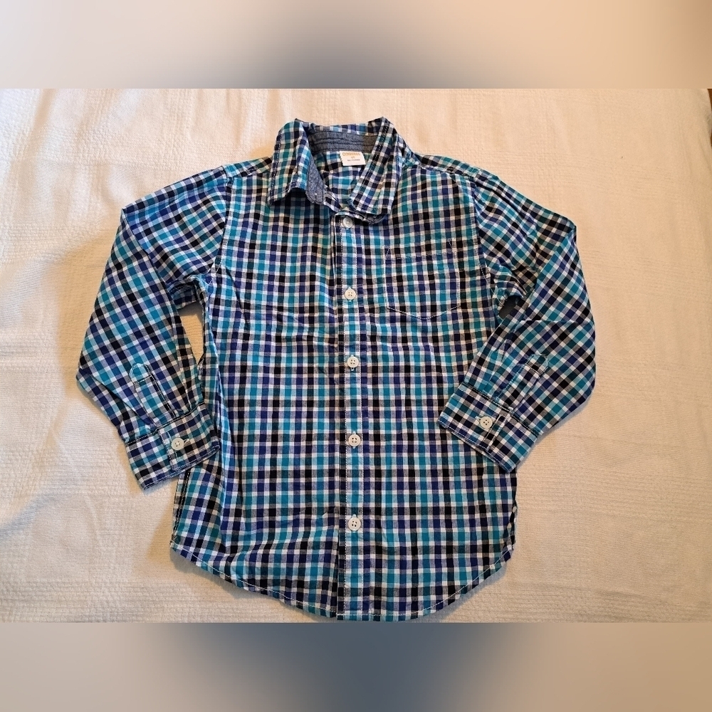 Gymboree boys size 4T button up shirt white, blue, black & teal 1 pocket VGUC